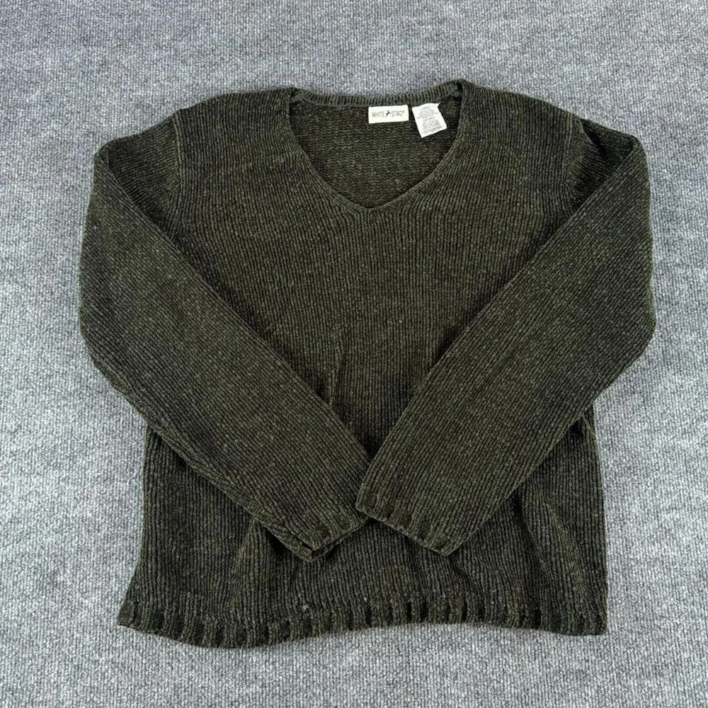 White Stag Women's Large Olive‎ Green V-Neck Sweater - Cottage, Boho, Fall, Cozy